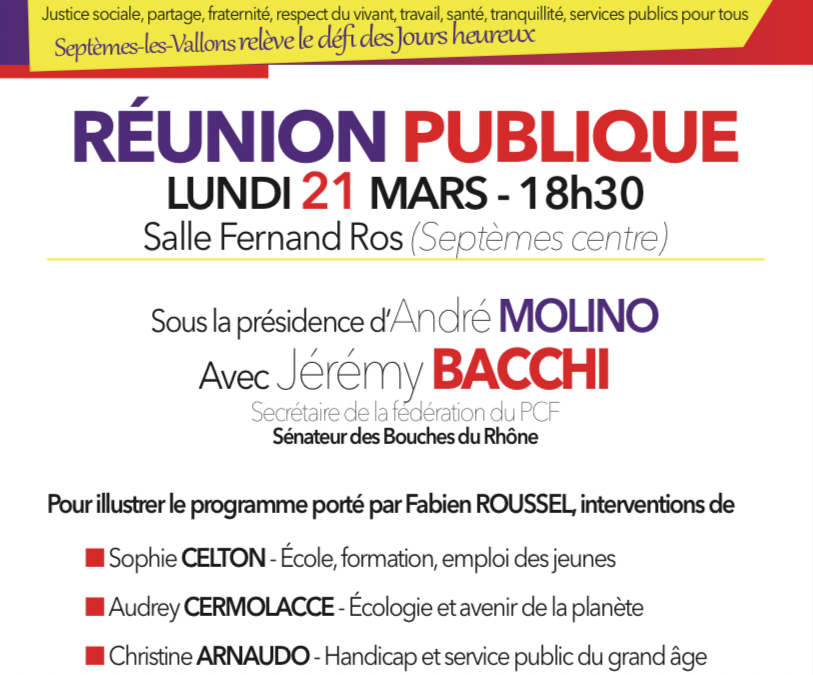 Roussel 2022 – Réunion publique le Lundi 21 mars 2022 – 18h30 – Salle Fernand Ros à Septèmes Les Vallons